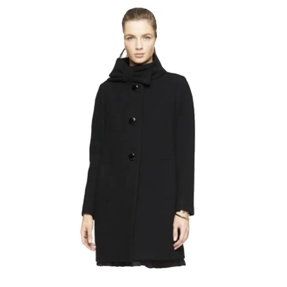 Kate Spade Women's Bow Neck Ribbon Coat Size 0 Black Wool Peacoat Front Button